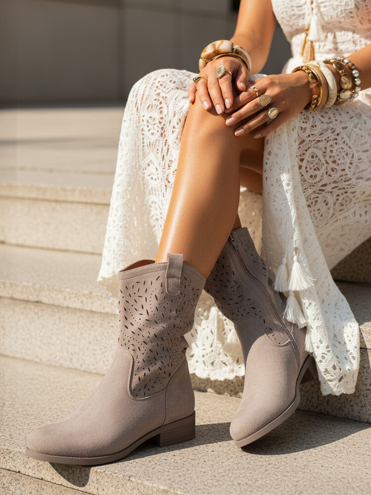Dámske ažurové čižmy na nízkom podpätku béžové FashionStreet ZY1433 38