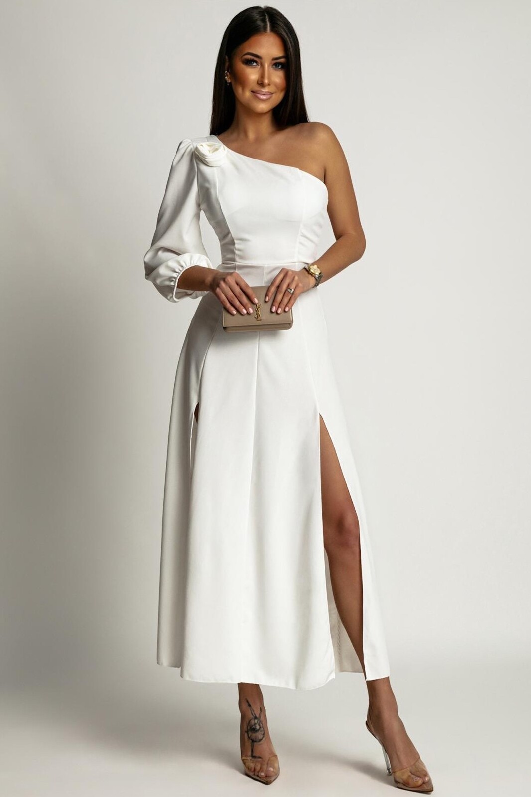 Azzurra Biele midi šaty s rozparkami Veľkosť: UNI