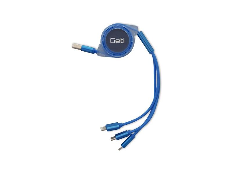 Kábel GETI GCU 03 USB 3v1 modrý samonavíjaci