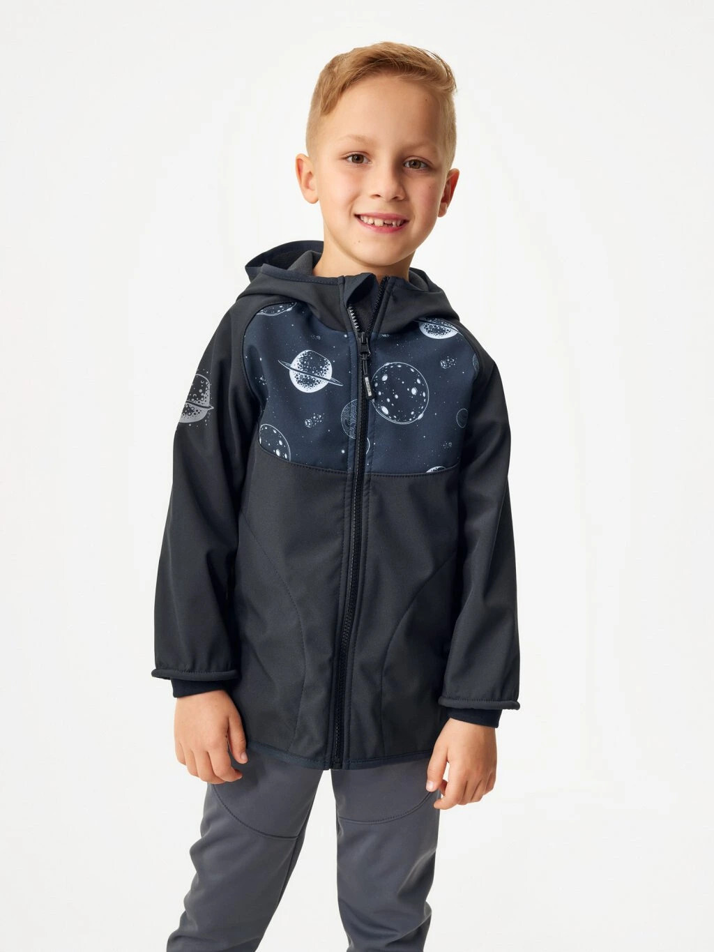 Detská softshellová bunda s flísom Basic, Čierna, Planéty - veľ. 110/116