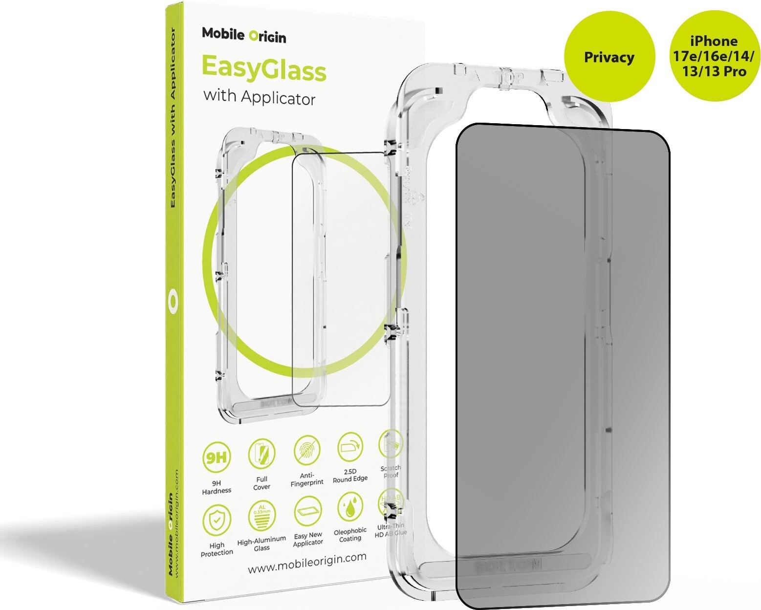 Mobile Origin EasyGlass Privacy with Applicator iPhone 17e, 16e/14/13/13 Pro
