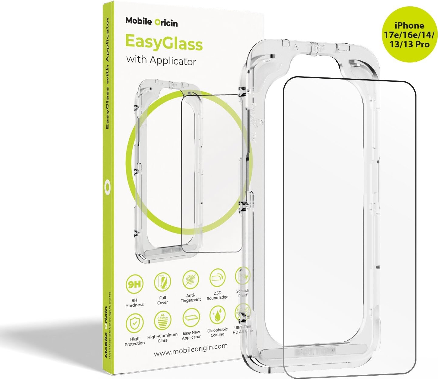 Mobile Origin EasyGlass with Applicator iPhone 17e, 16e/14/13/13 Pro