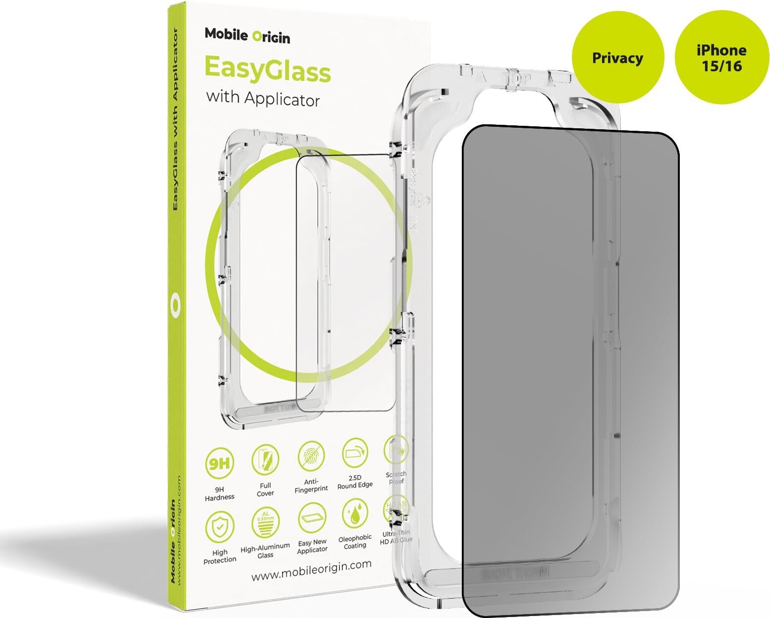 Mobile Origin EasyGlass Privacy with Applicator iPhone 15/iPhone 16