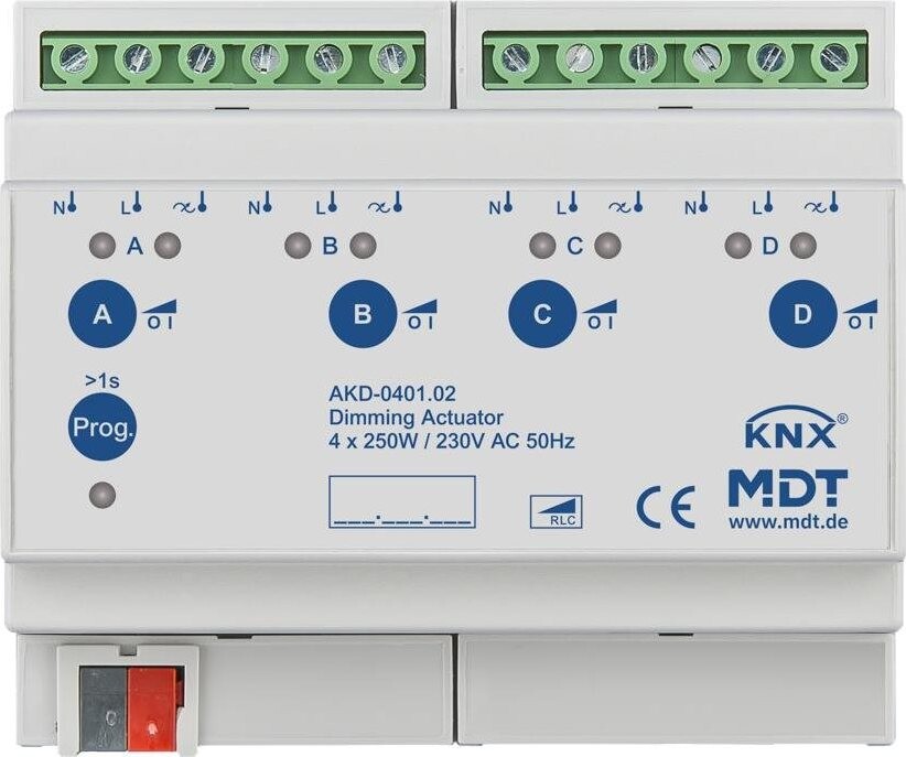 MDT Technologies stmievací aktor 4-násobný, 8 M, 250 W, 230 VAC, meranie prúdu