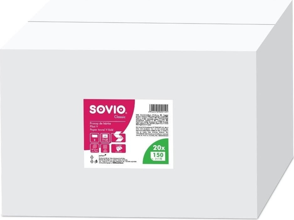 SOVIO Papírové ručníky ZZ bílé, 23 × 21 cm, 2 vr, celulóza, 3000 ks