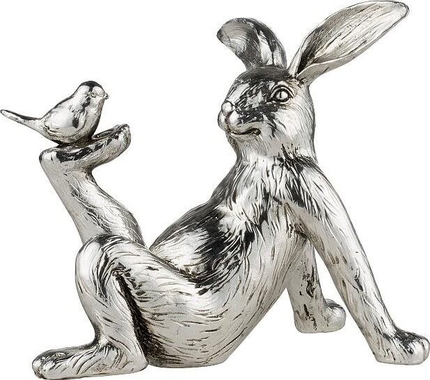 LENE BJERRE Veľkonočná dekorácia – Zajačik s vtáčikom strieborný, 15 × 16 cm