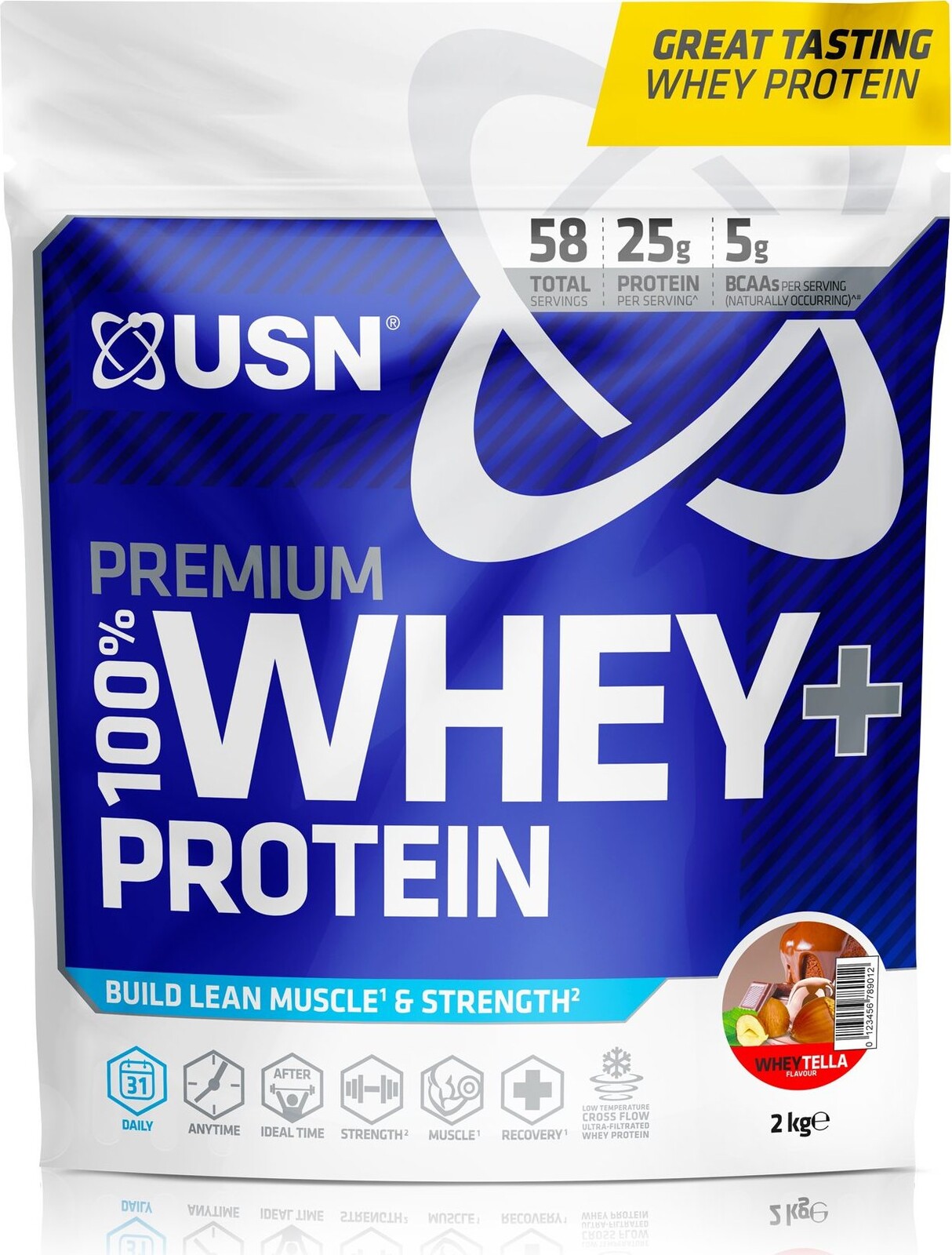 USN 100 % Premium Whey Bag, 2 000 g, lieskový oriešok „wheytella