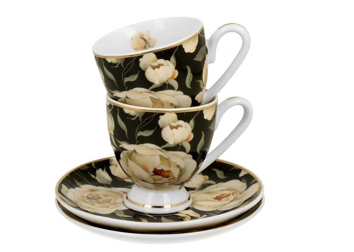 Sada 2 ks šálků s podšálků English Roses Black 90 ml béžová/zlatá/černá