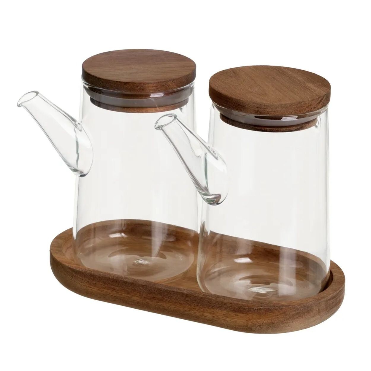 Sada 2 ks skleněných nádob na olej a ocet DUOS čirá/akáciové dřevo