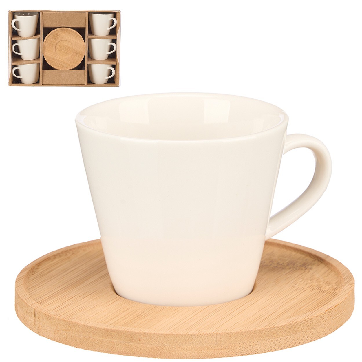 Sada 6 ks porcelánových šálků s podšálky LOLY bílá/bambus