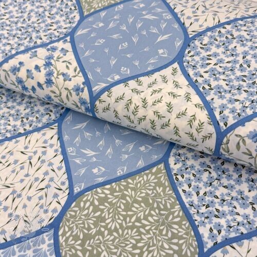Bavlnená látka Flowers patchwork baby blue