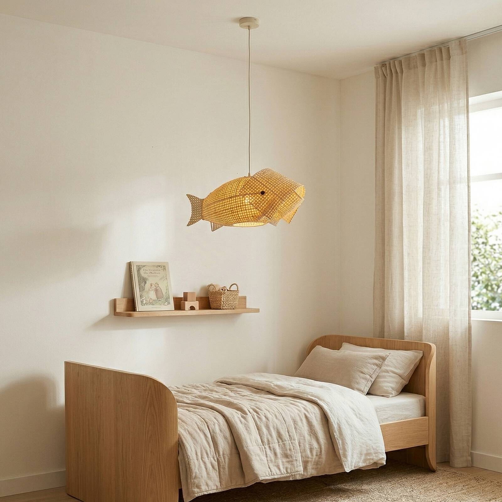 Detské závesné svietidlo Lindby Fish, bambus, 66 cm