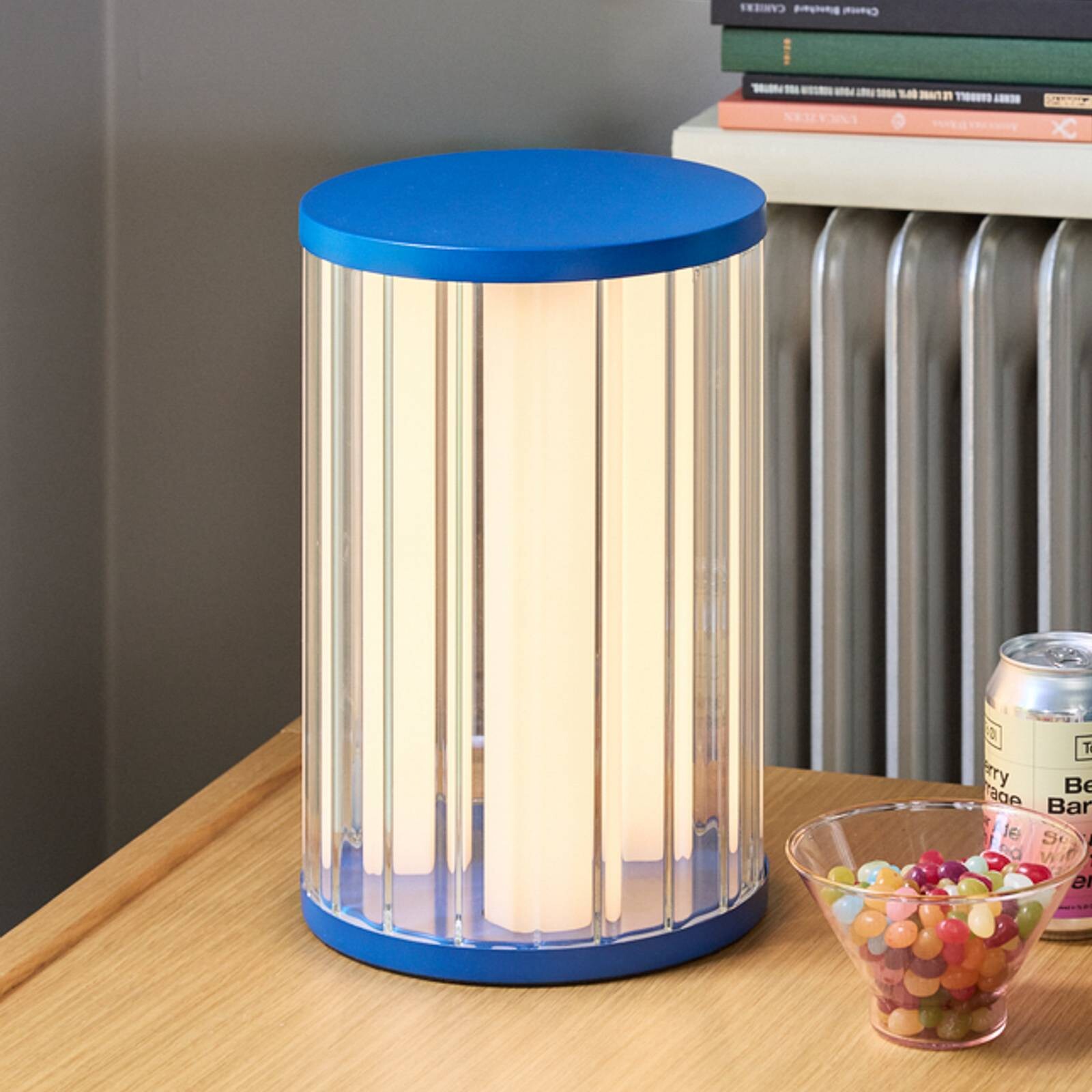 Stolová LED lampa Aru, modrá/číra, výška 30 cm, sklo/železo