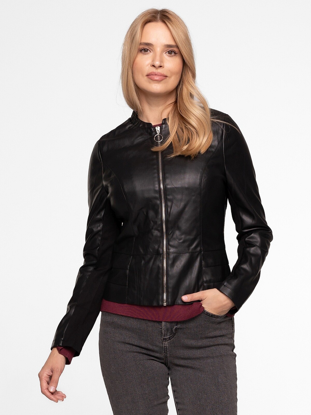 Dámska koženková bunda s látkovými vložkami