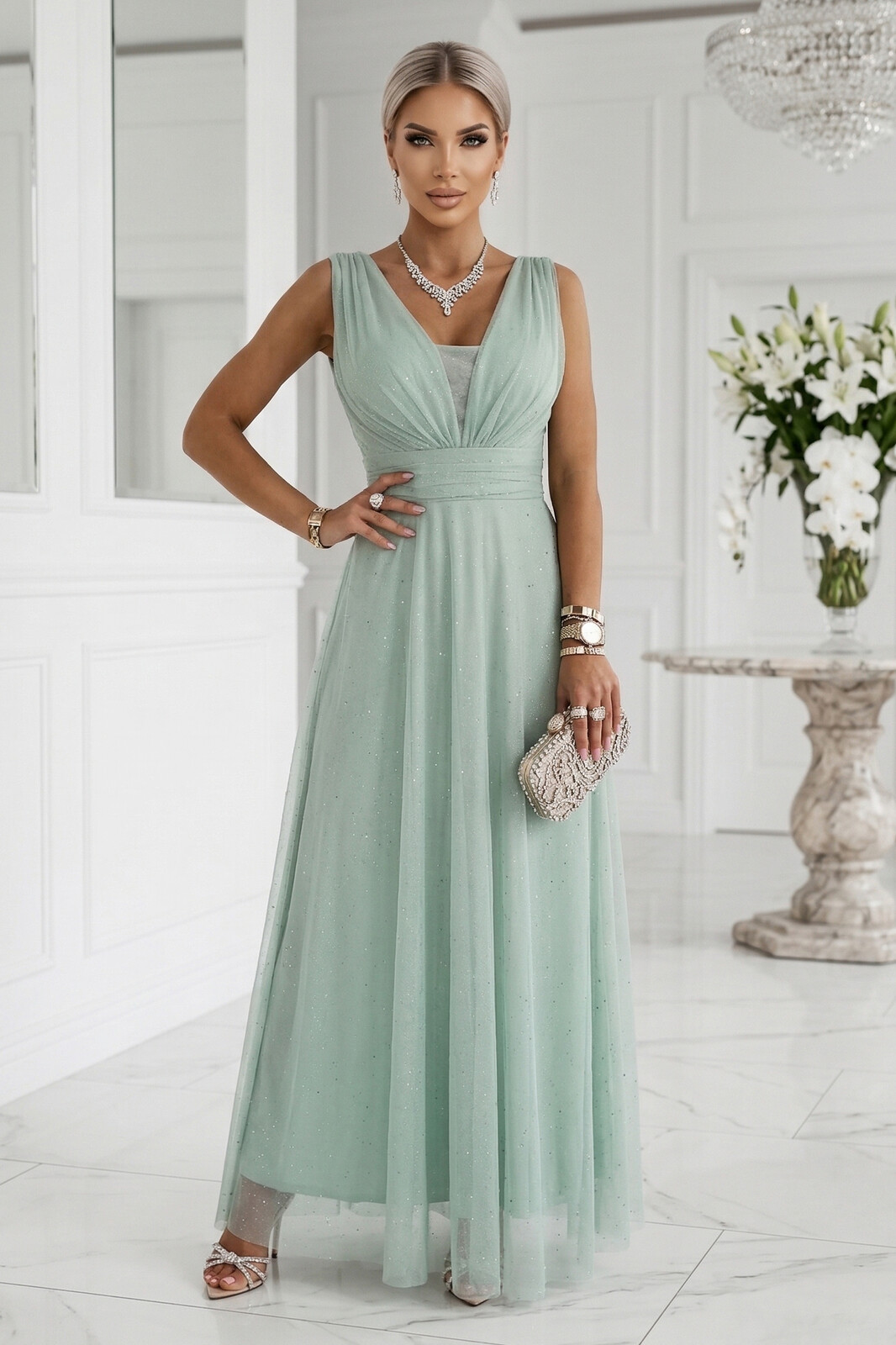 Maxi šaty s brokátovým akcentom - Pistáciové