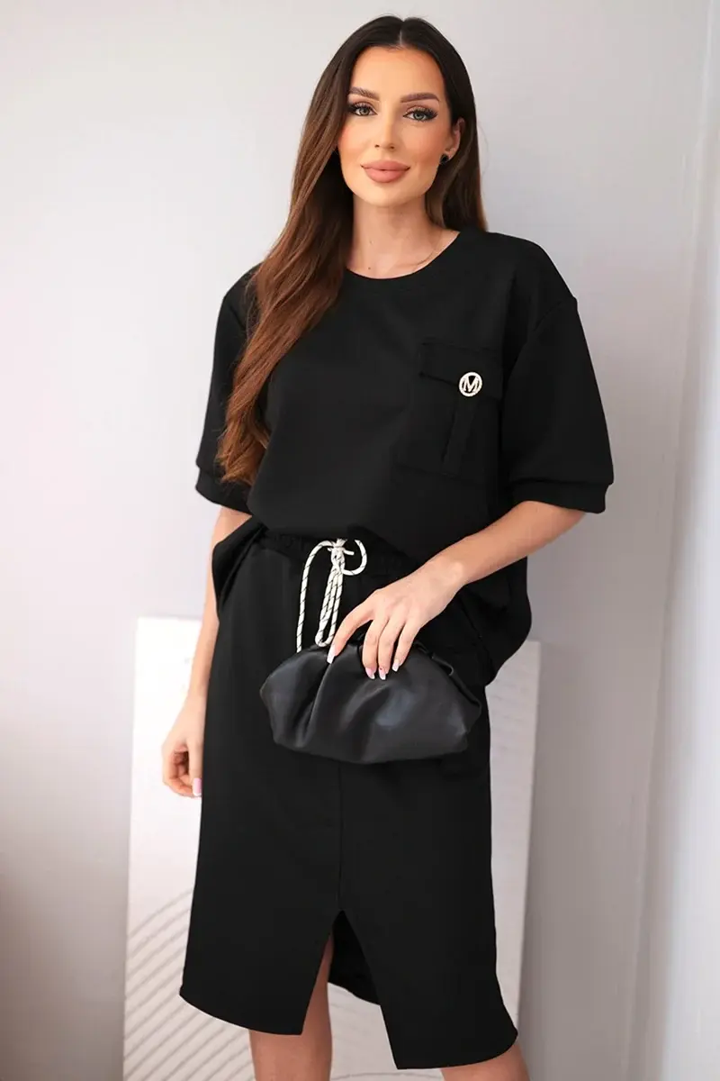 Kesi dámsky set s blúzkou a midi sukňou čierny