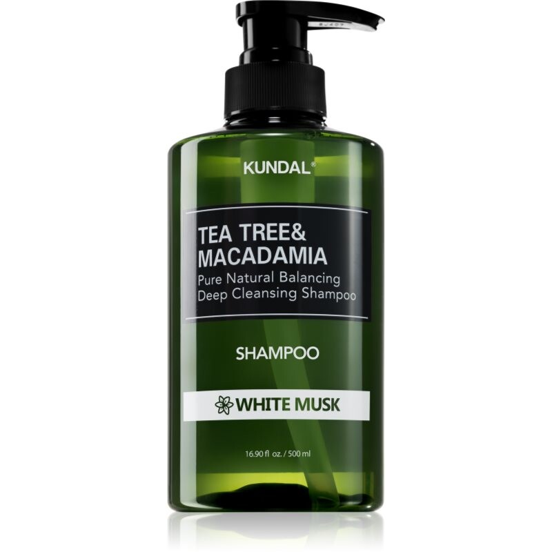 KUNDAL Tea Tree & Macadamia White Musk hĺbkovo čistiaci šampón s osviežujúcim účinkom 500 ml