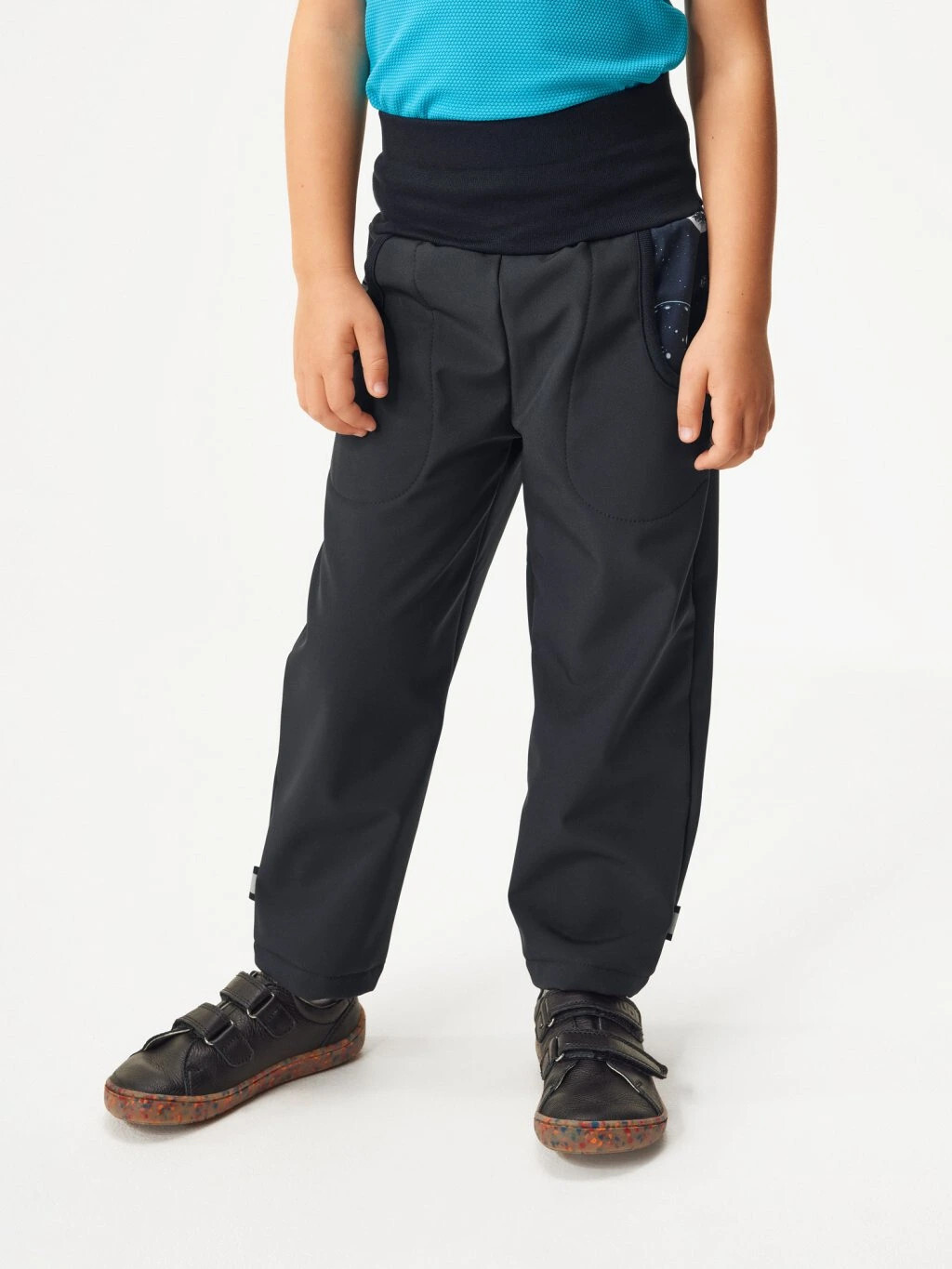 Detské softshellové nohavice s flísom Basic, Čierna, Planéty - veľ. 110/116