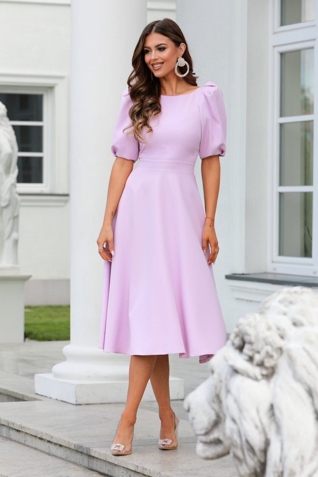 Lacoria Fialové midi šaty s balónovými rukávmi Veľkosť: S