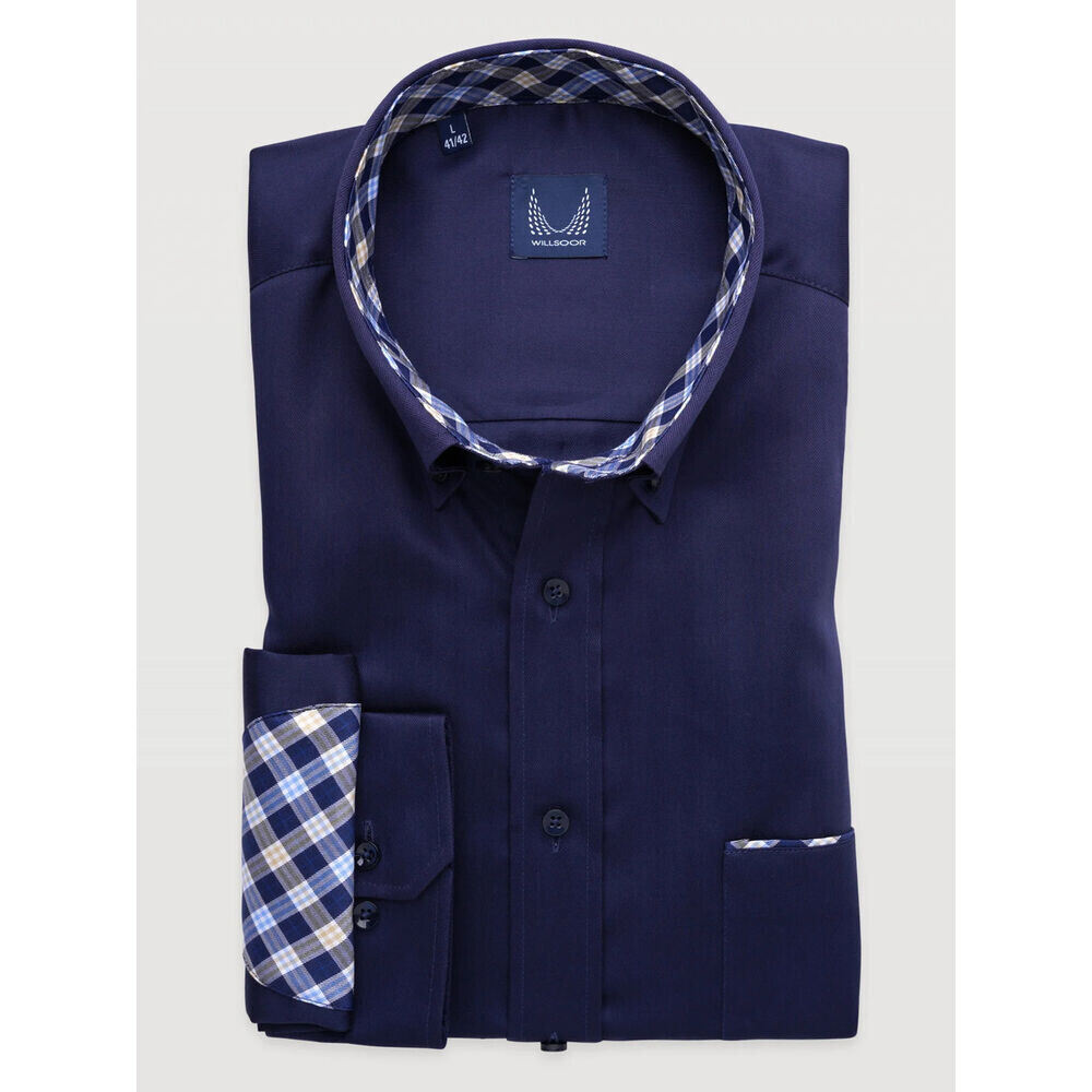 Pánska košeľa slim fit tmavomodrá s károvanými lakťovými nášivkami 19778
