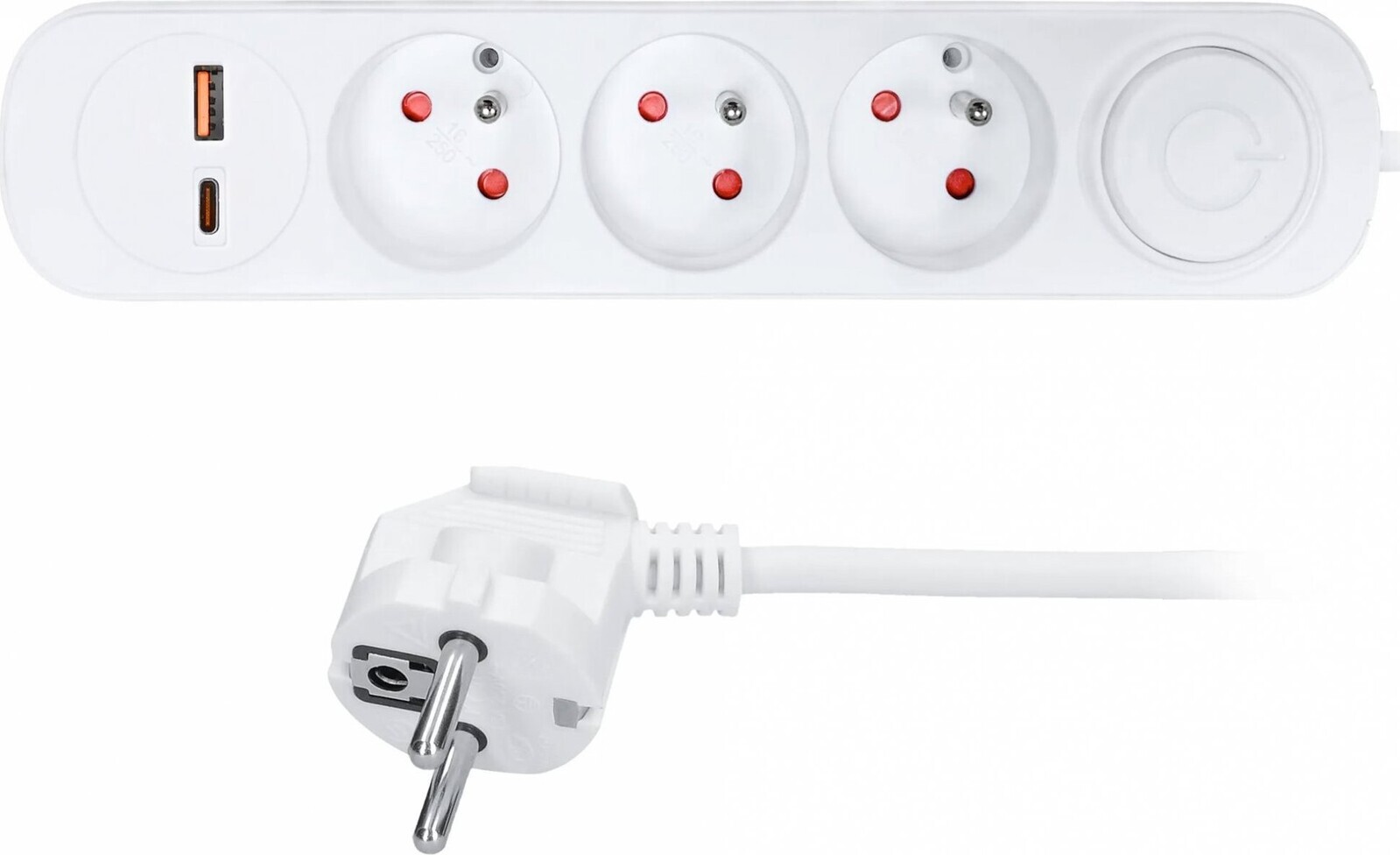 Solight 5 m, 3 zásuvky, USB A + C 20 W PD, vypínač, 3 × 1 mm2, PVC