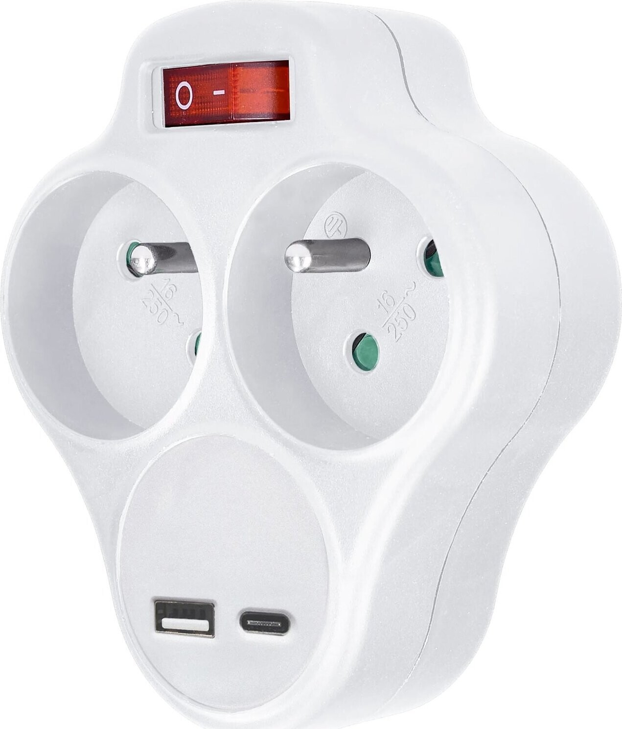 Solight 2× 10 A, USB A + C rýchlonabíjačka 20 W PD, biela, vypínač