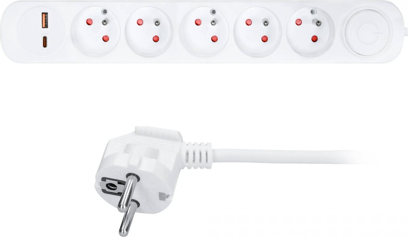 Solight 3 m, 5 zásuviek, USB A + C 20 W PD, vypínač, 3 × 1 mm2, PVC