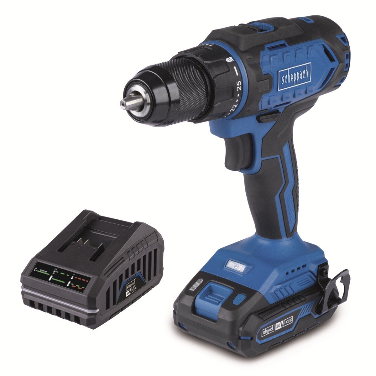 SCHEPPACH Vrtací šroubovák AKU 20V IXES, nabíječka C-DD45-X-SET S (1 × 2 Ah)