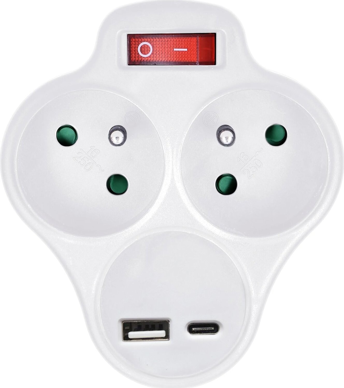 Solight 2× 10 A, USB A + C nabíjačka 12 W, biela, vypínač