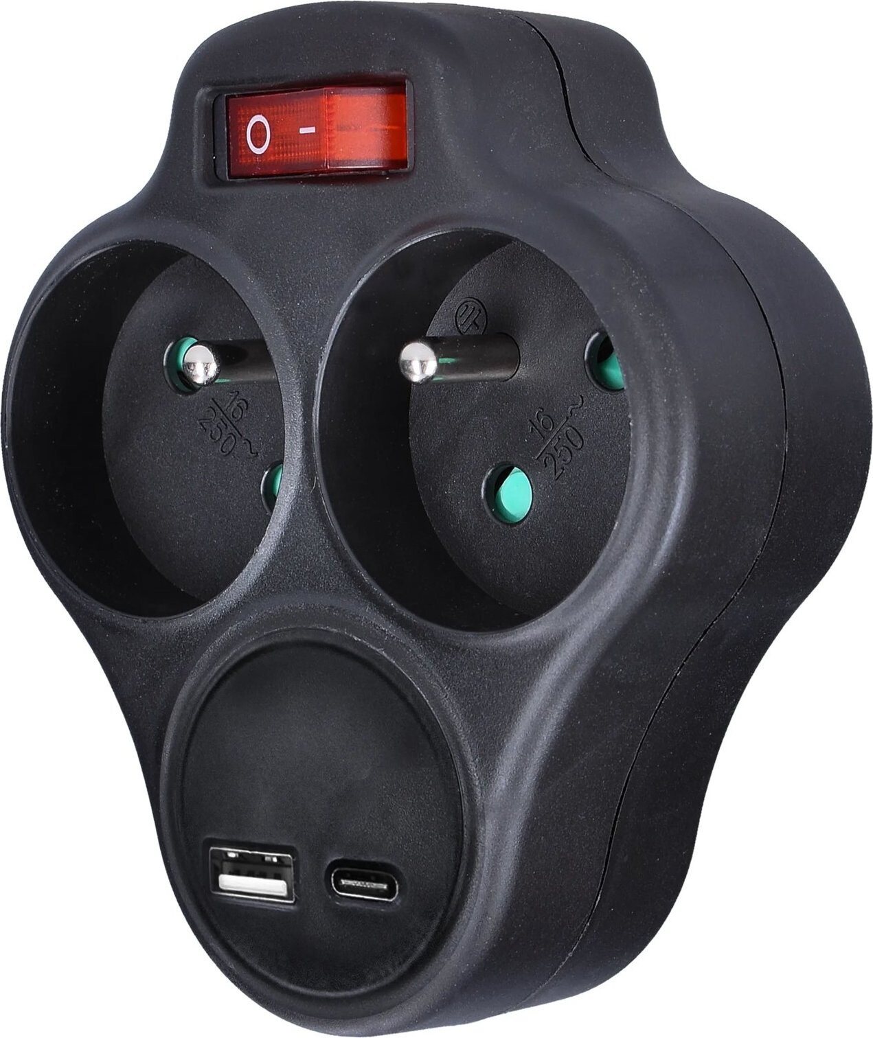 Solight 2× 10 A, USB A + C rýchlonabíjačka 20 W PD, čierna, vypínač