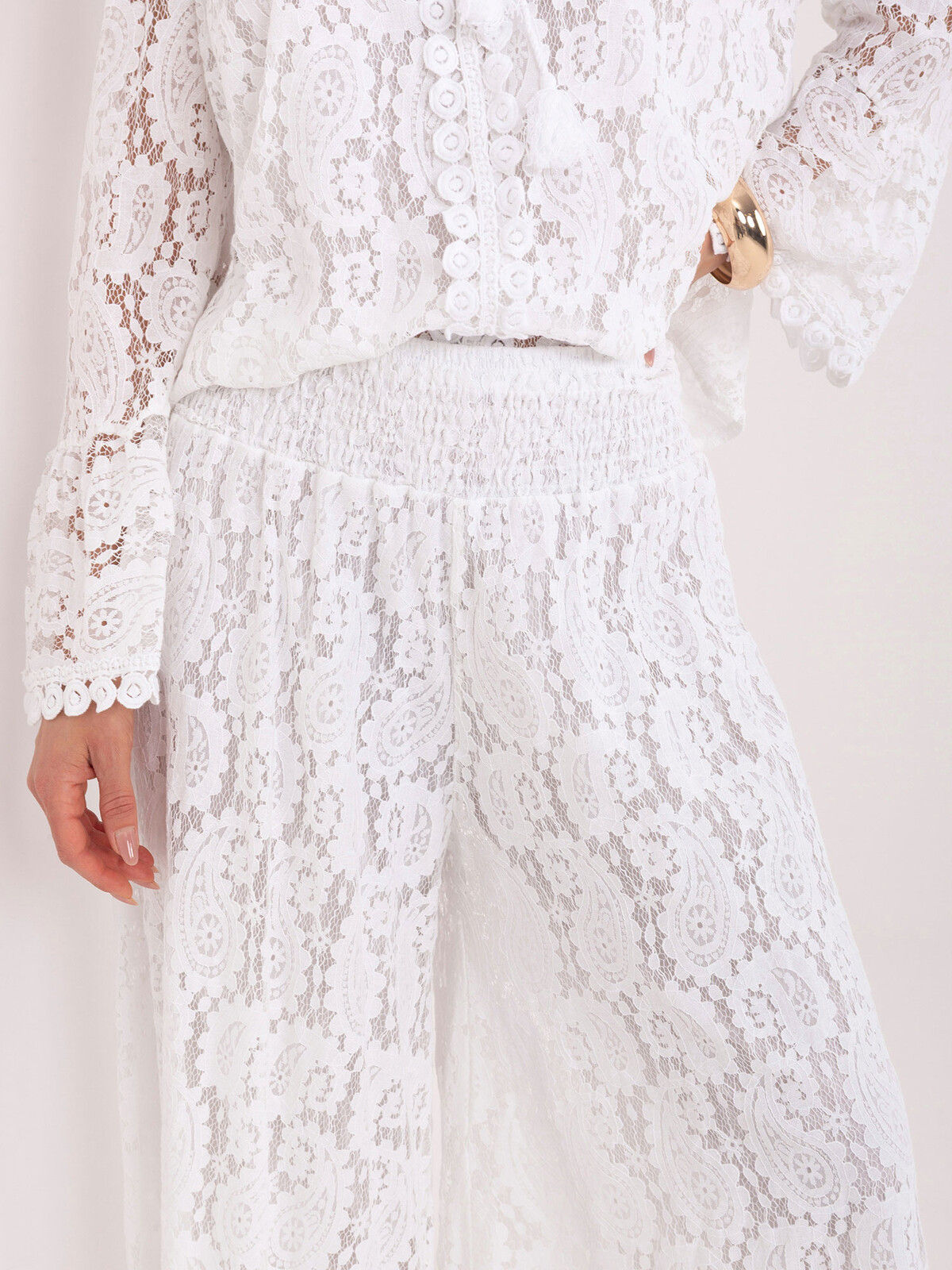 Biele čipkované palazzo nohavice