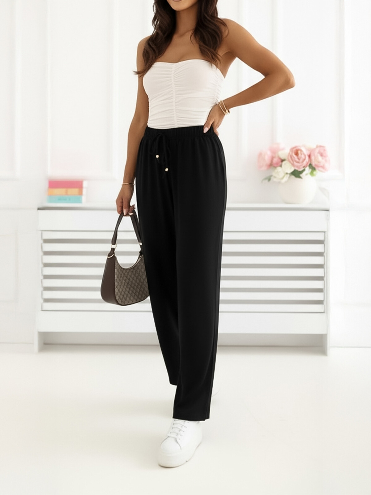 Dámske čierne letné nohavice s vysokým pásom