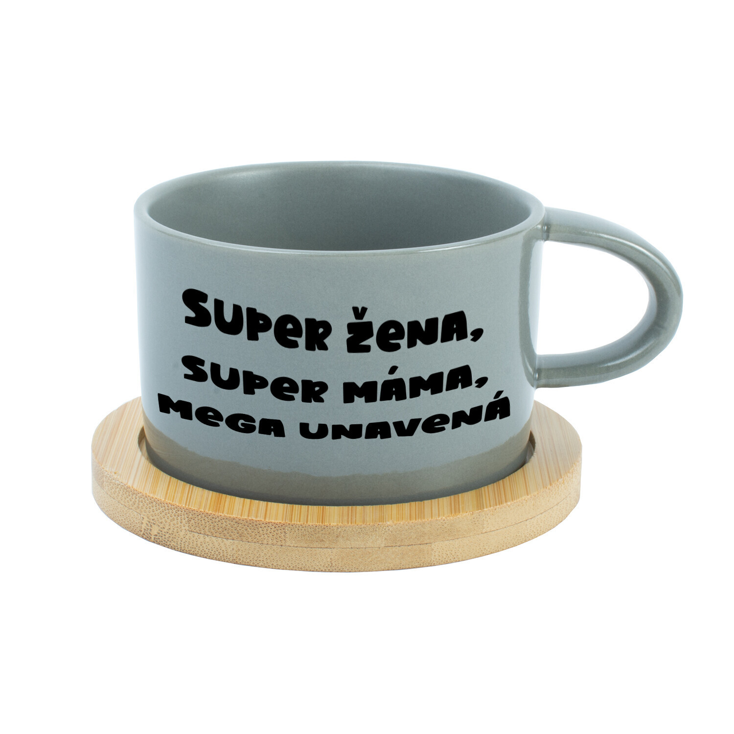 SUPER ŽENA, SUPER MÁMA, MEGA UNAVENÁ. - šedý hrníček makronka 200 ml