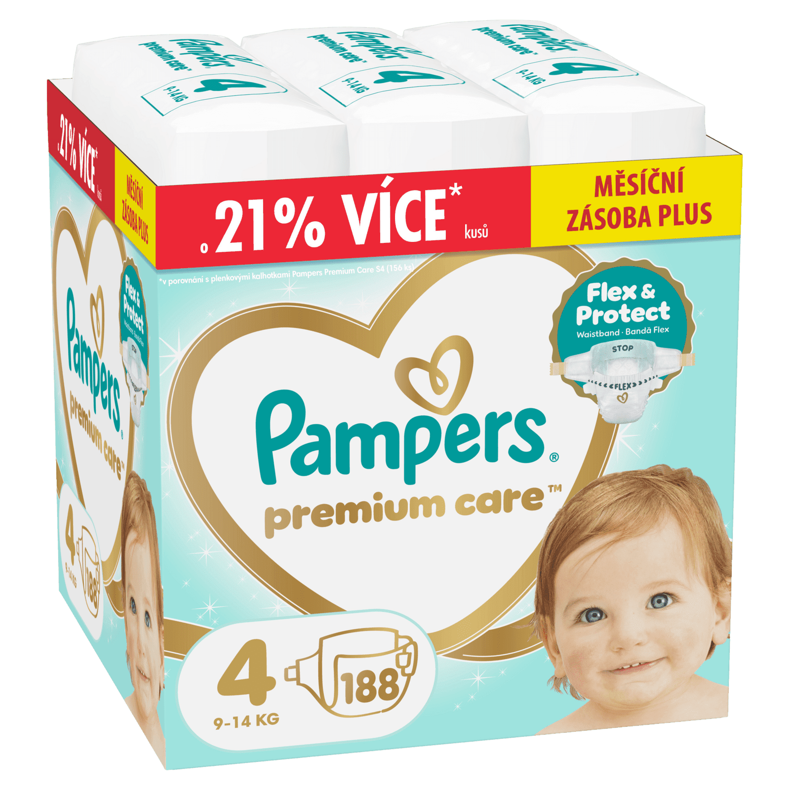 PAMPERS Premium Care Veľkosť 4, 9kg-14kg 188 ks