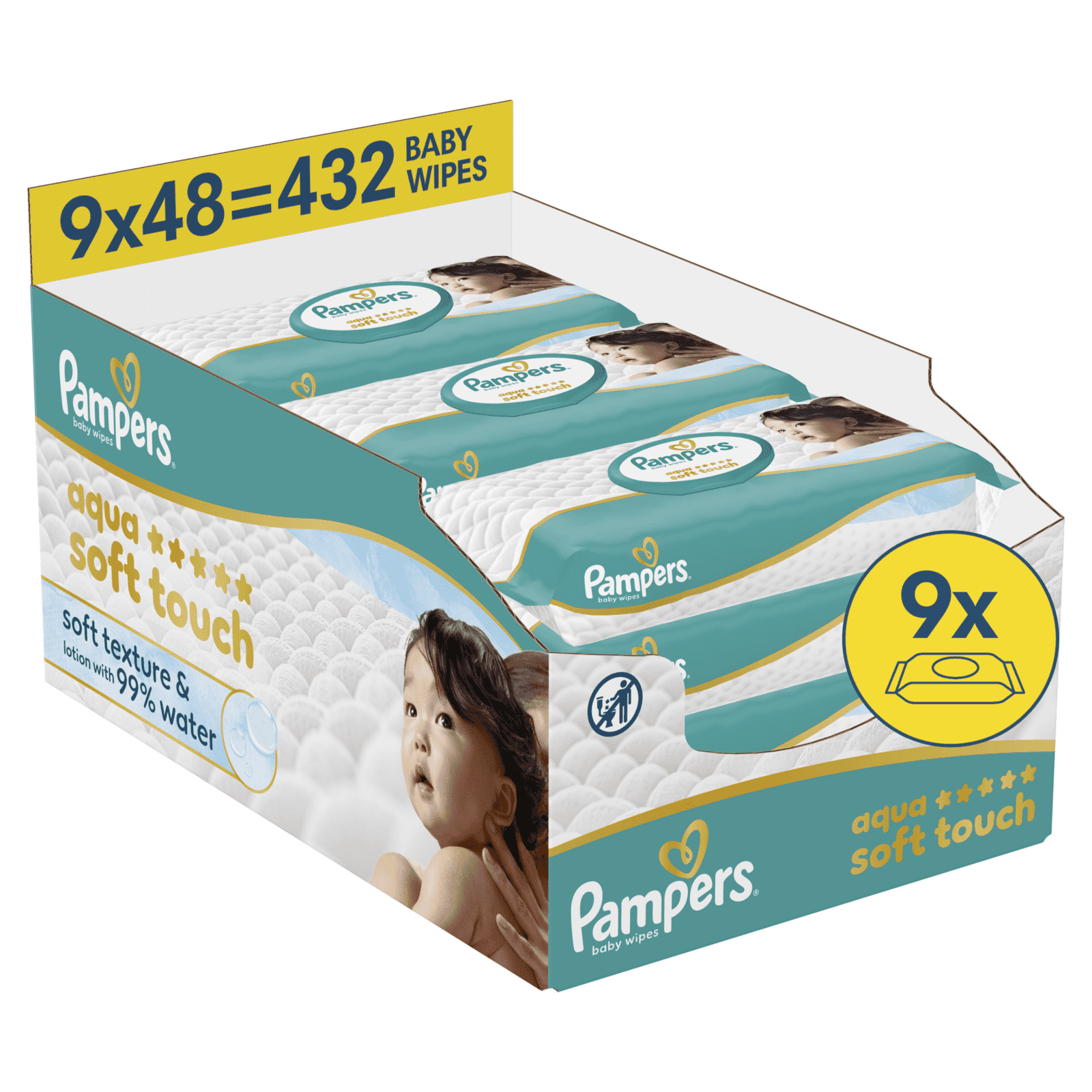 PAMPERS Detské čistiace obrúsky Aqua Soft Touch Baby 9 x 48 ks