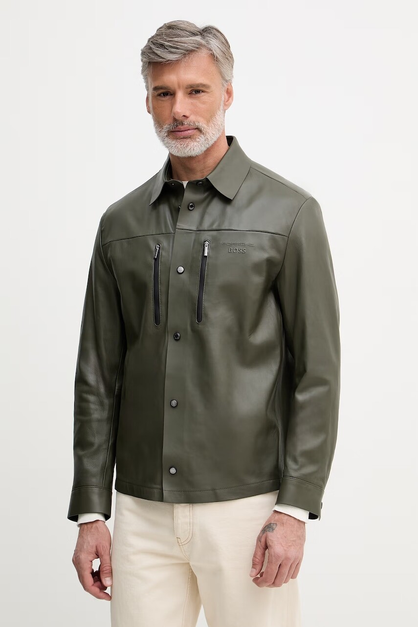 BOSS Green krátka bunda pánska kožená BOSS X PORSCHE