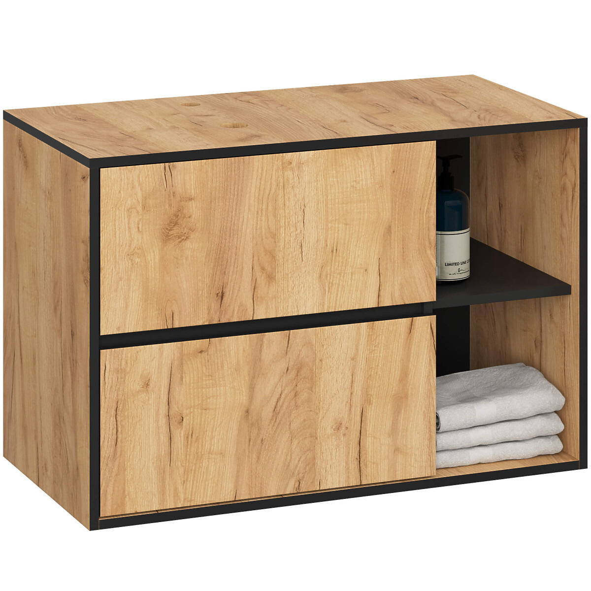 KÚPEĽŇOVÁ SKRINKA POD UMÝVADLO S OTVORMI VAMI W90 UM 2SZ 2P DUB CRAFT / ČIERNA