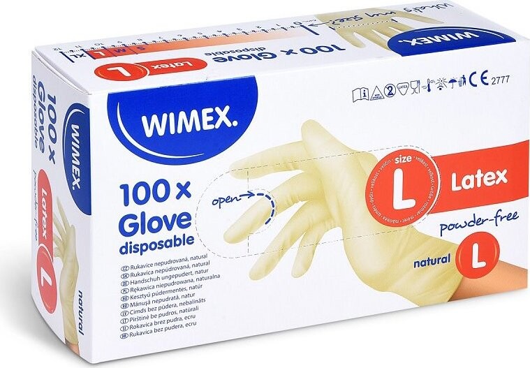 Wimex latexové rukavice, nepudrované, natural, `L` – 100 ks