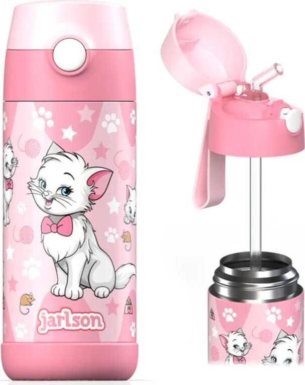 Jarlson Detská nerezová termofľaša so slamkou CHARLI Mačka 350 ml