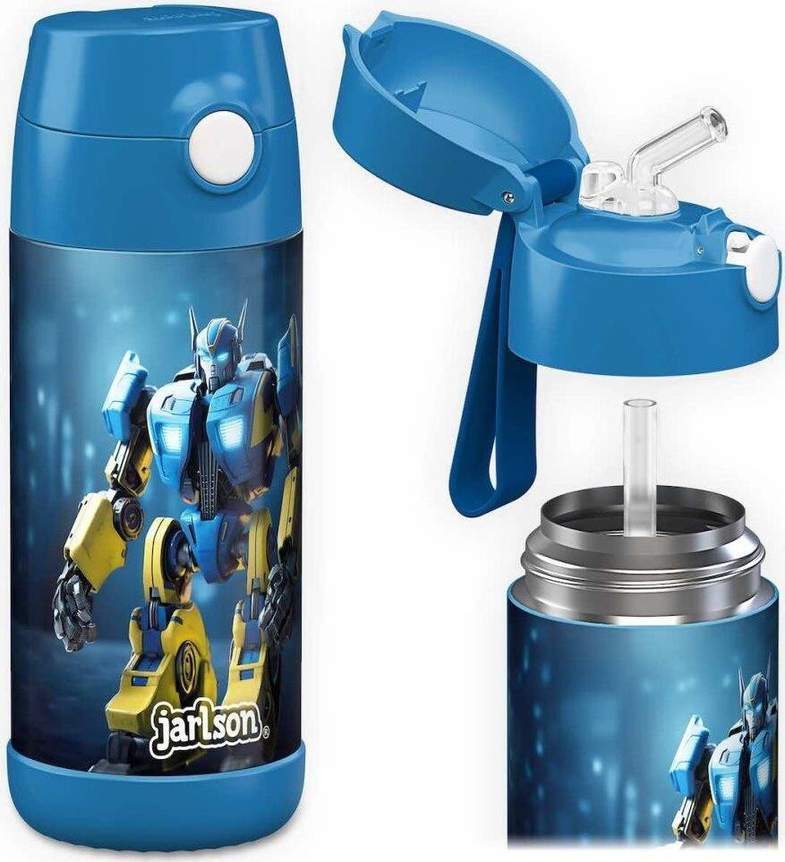 Jarlson Detská nerezová termofľaša so slamkou CHARLI Roboti 350 ml