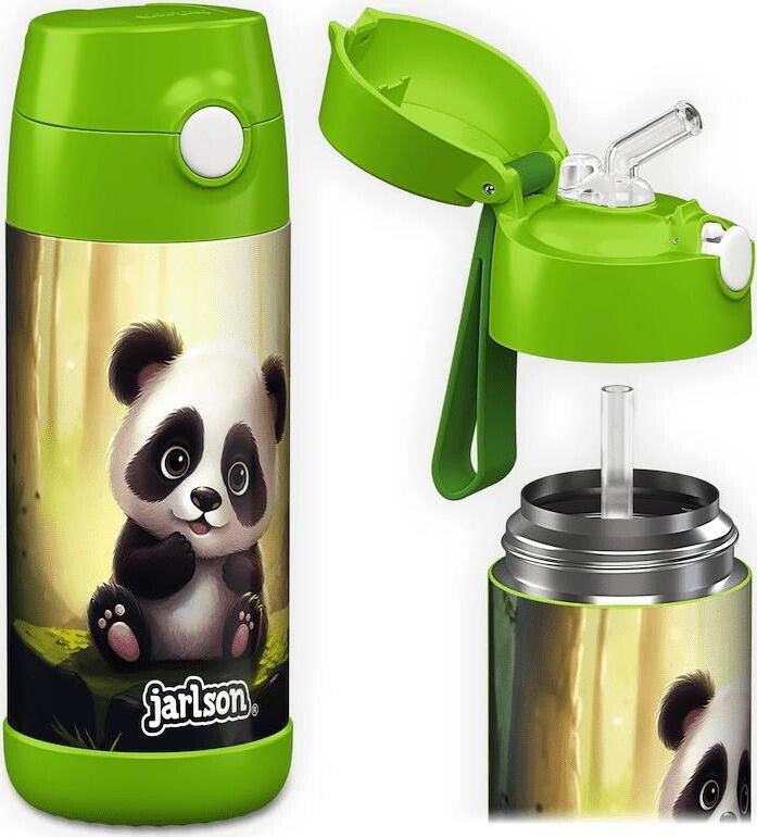 Jarlson Detská nerezová termofľaša so slamkou CHARLI Panda 350 ml