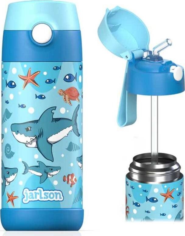 Jarlson Detská nerezová termofľaša so slamkou CHARLI Žraloky 350 ml