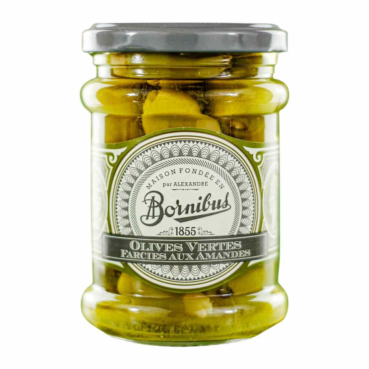 Zelené olivy 270 g, plnené mandľami, BORNIBUS