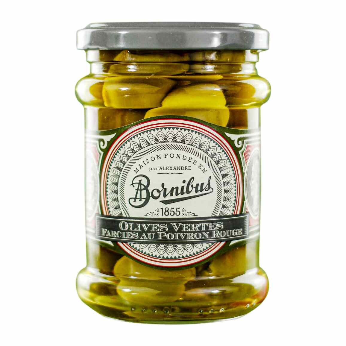 Zelené olivy 270 g, plnené červenou paprikou, BORNIBUS