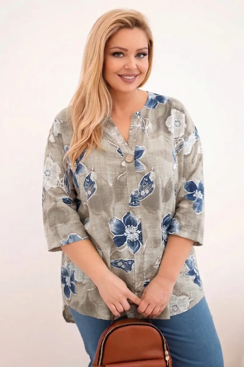 Kesi dámska plus size blúzka s kvetovaným vzorom béžová