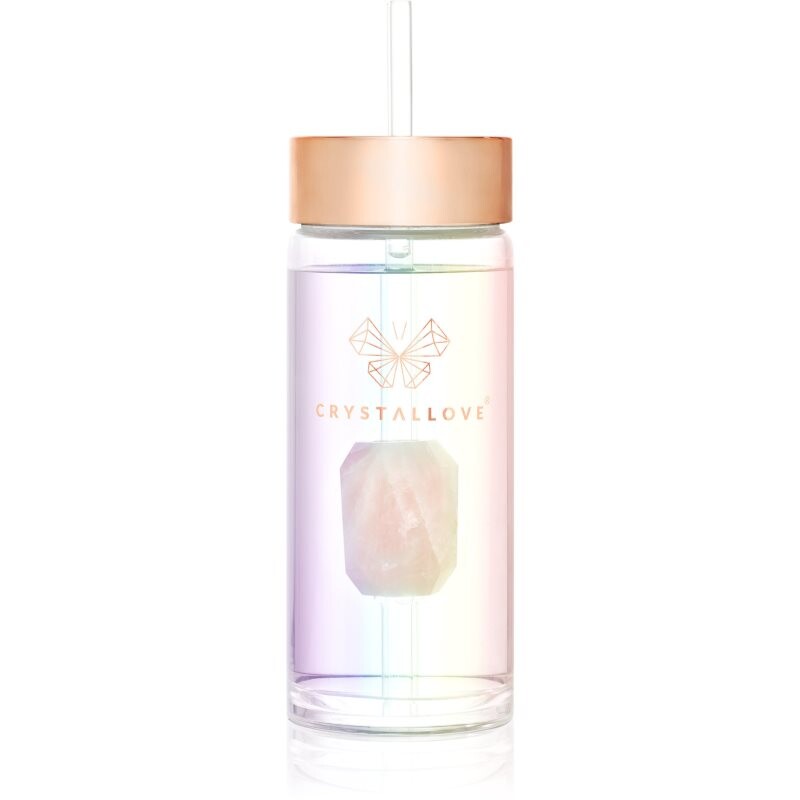 Crystallove Clear Quartz Straw Water Bottle sklenená fľaša na vodu s rúrkou Hologram - Rose Quartz 400 ml