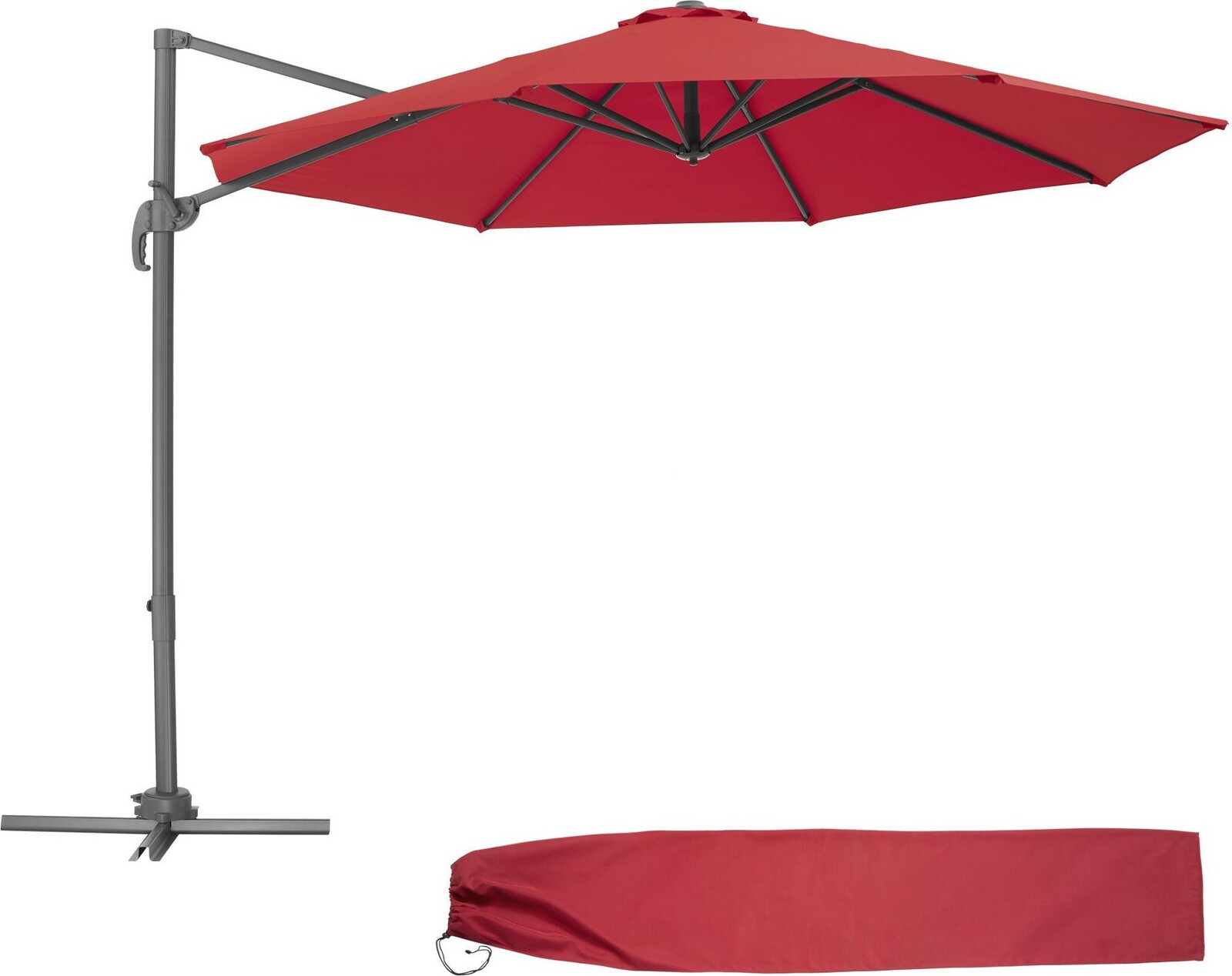 TecTake Slunečník konzolový slunečník O 300 cm s nožním pedálem a ochranou plachtou, červený