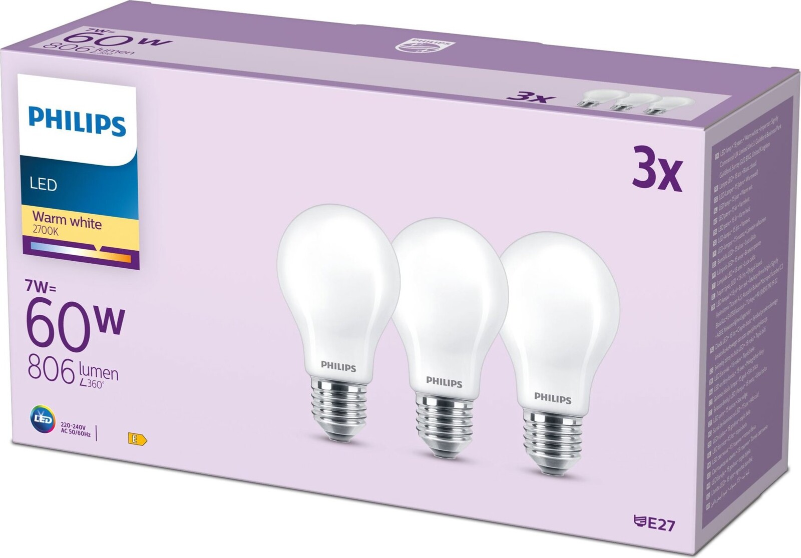 Philips Classic A60, E27, 60 W, teplá bílá, 3 ks