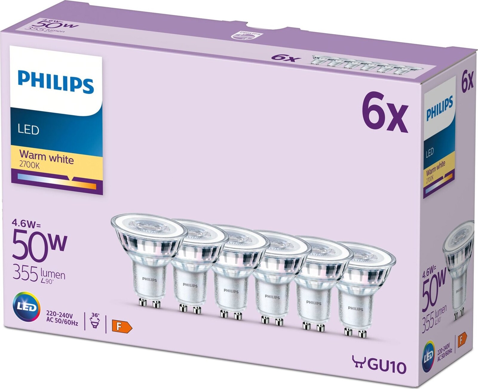 Philips Classic GU10, 50 W, teplá bílá, 6 ks