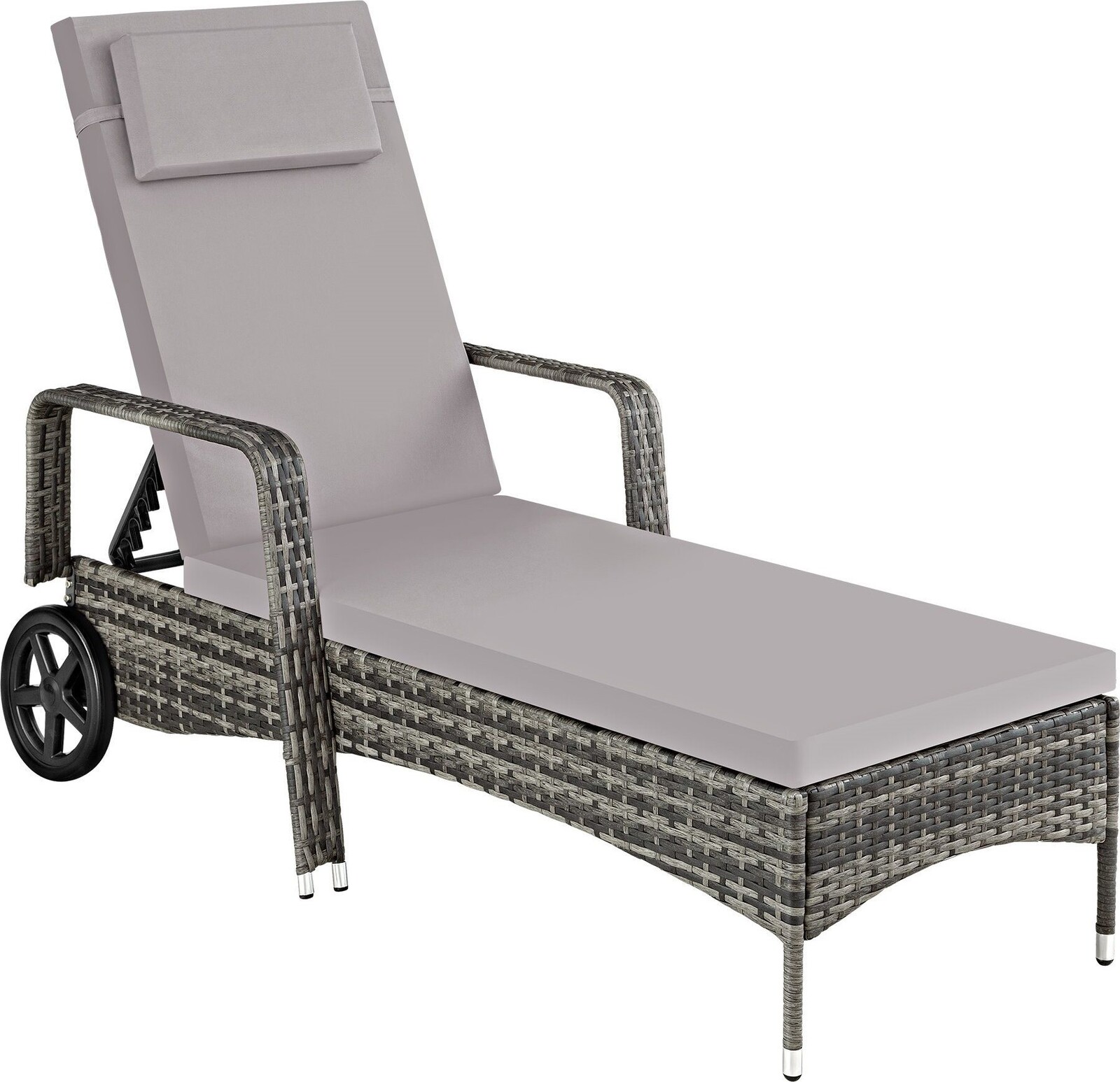 TECTAKE Ratanové zahradní lehátko s kolečky, šedé